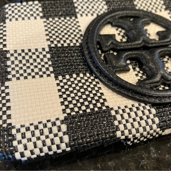 New Tory Burch Perry Bombe Gingham Top-Zip Card Case, Leather Wristlet, Black - Picture 10 of 15
